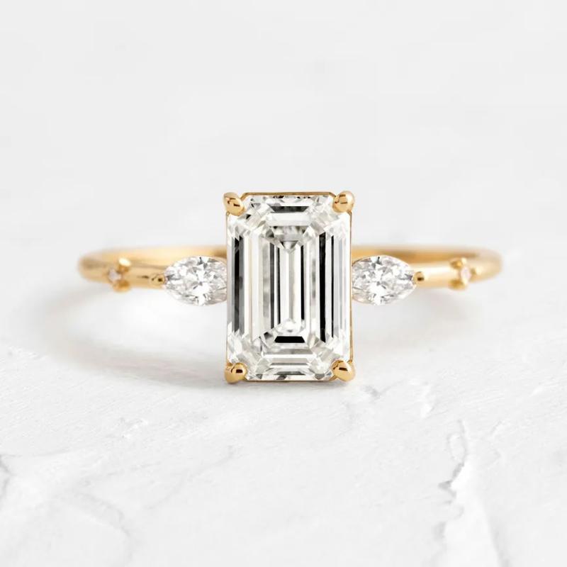 3.0Ct Emerald Sona Diamond Gold Ring with Marquise & Round Accents