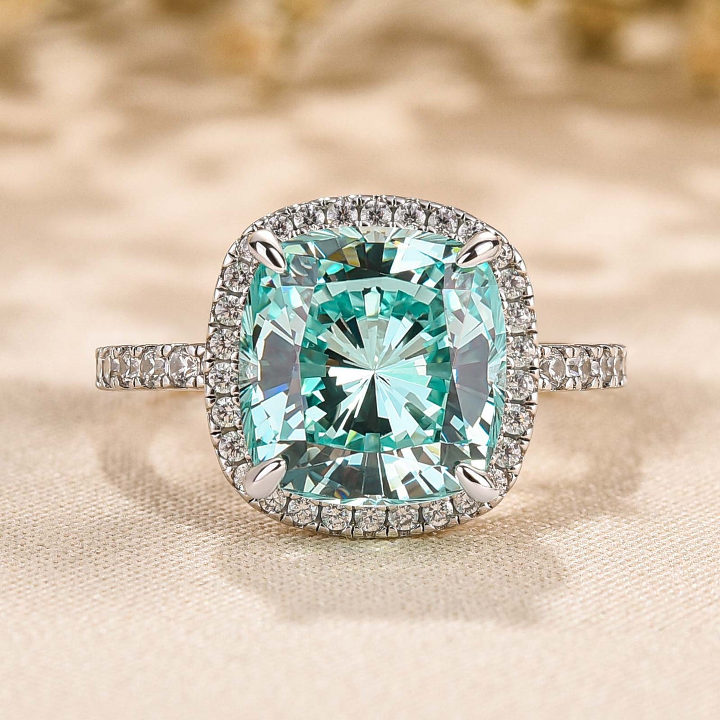 5 Carat Cyan Blue Cushion Cut Simulated Diamond Ring in White Gold