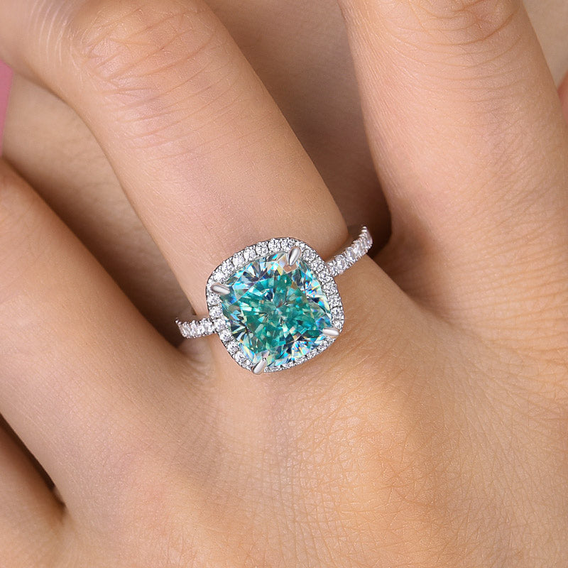 5 Carat Cyan Blue Cushion Cut Simulated Diamond Ring in White Gold