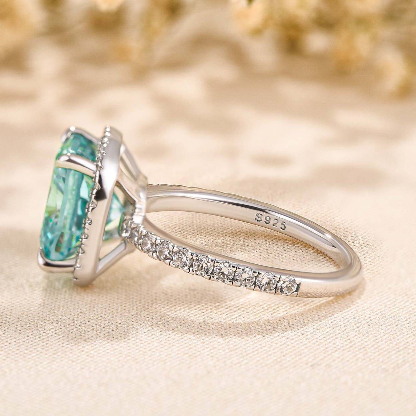 5 Carat Cyan Blue Cushion Cut Simulated Diamond Ring in White Gold