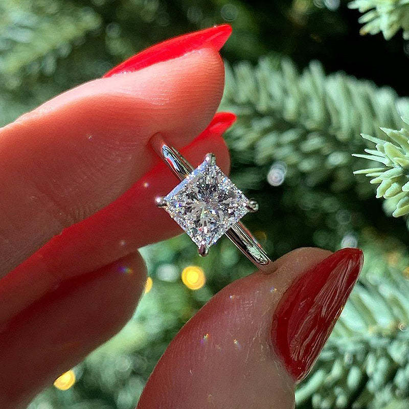 Anillo de oro blanco de 2,0 ct con diamantes simulados de talla princesa