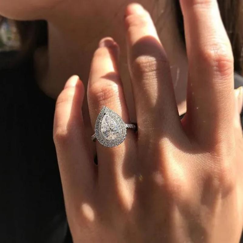 White Gold Plated Pear Cut Simulated Diamond Ring with Double Halo