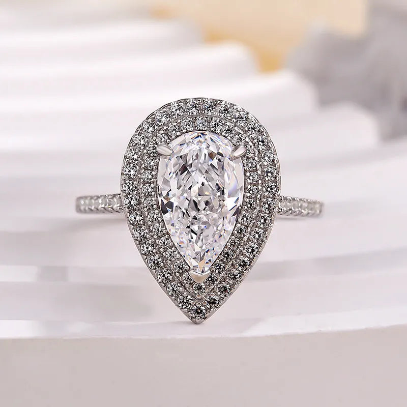 White Gold Plated Pear Cut Simulated Diamond Ring with Double Halo