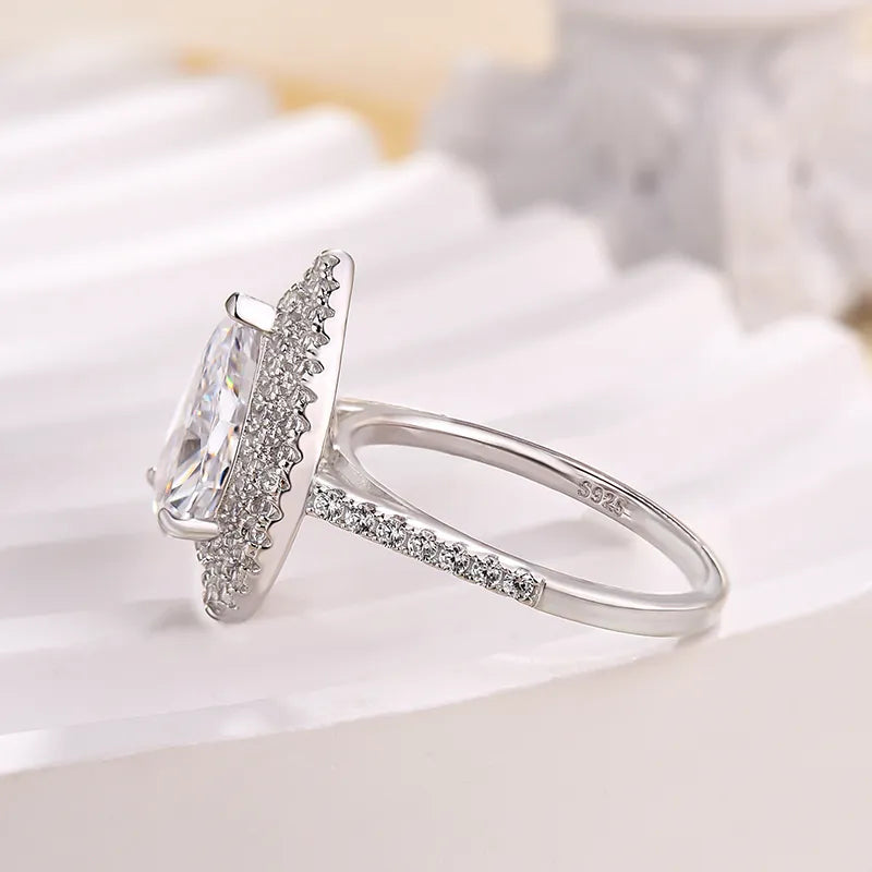 White Gold Plated Pear Cut Simulated Diamond Ring with Double Halo