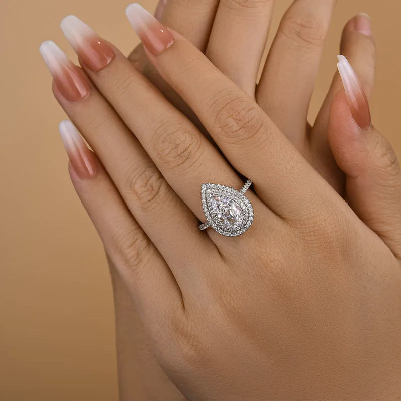 White Gold Plated Pear Cut Simulated Diamond Ring with Double Halo