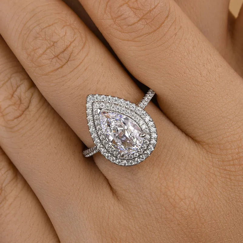 White Gold Plated Pear Cut Simulated Diamond Ring with Double Halo