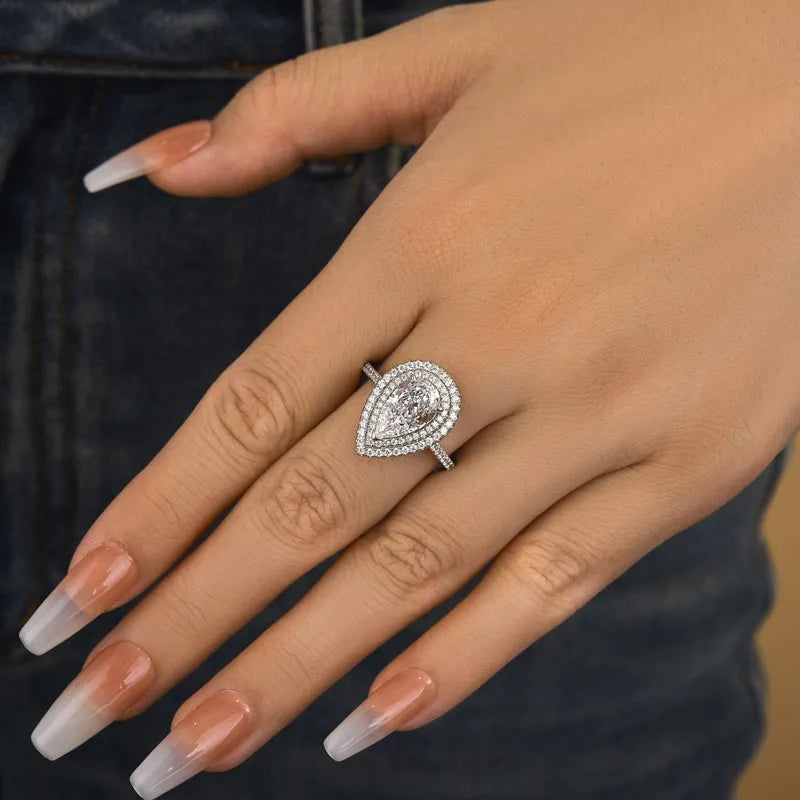 White Gold Plated Pear Cut Simulated Diamond Ring with Double Halo