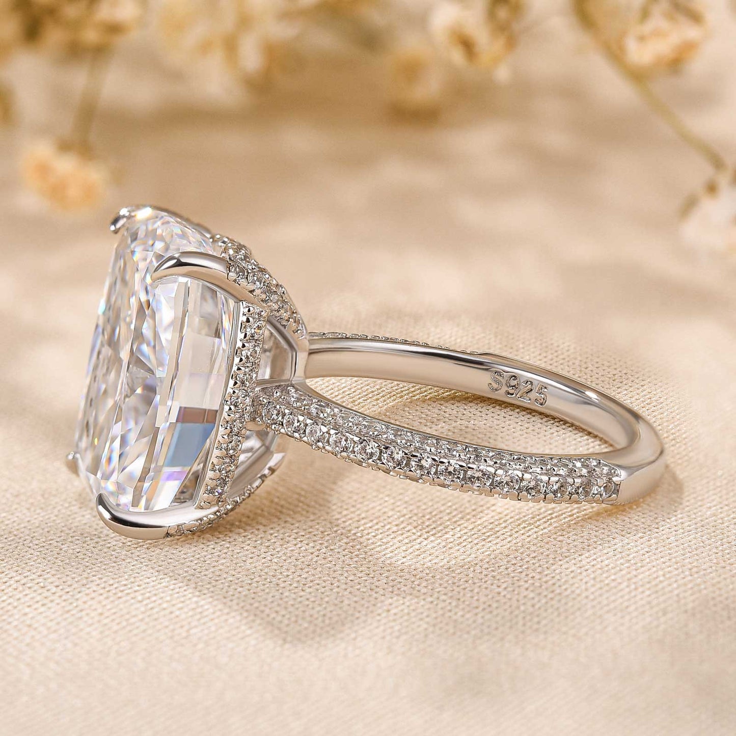 9 Carat Cushion Cut Simulated Diamond Ring in White Gold or Gold