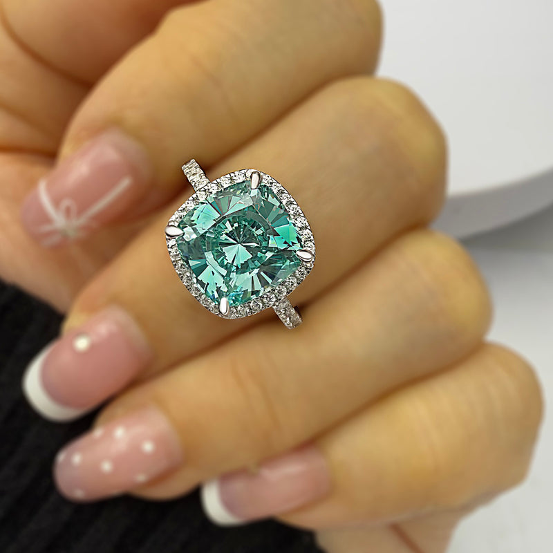 5 Carat Cyan Blue Cushion Cut Simulated Diamond Ring in White Gold