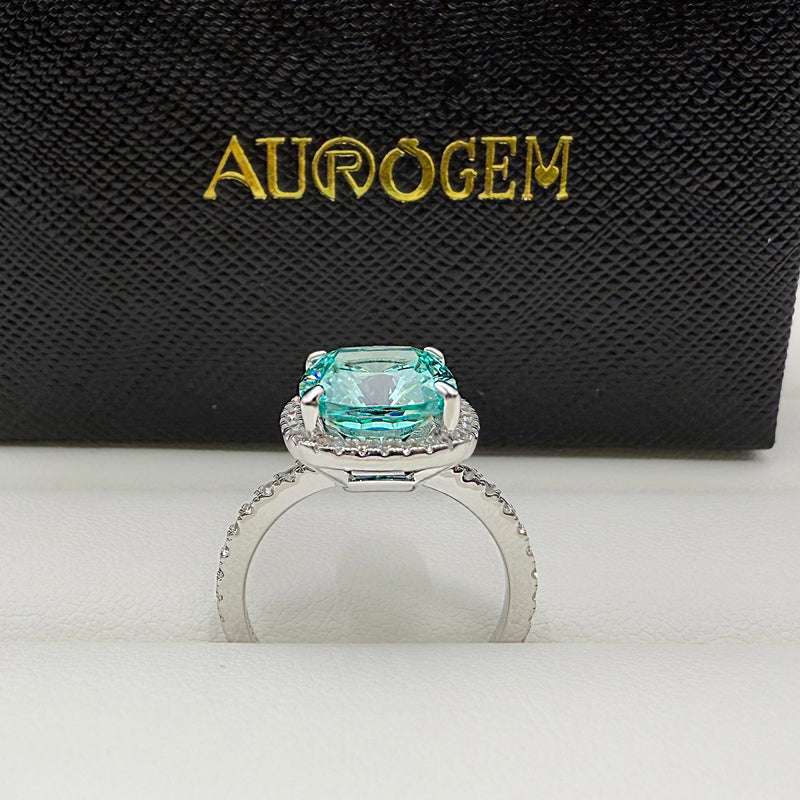 Luxurious Halo Cushion Cut 5 Carat Cyan Blue Stone Engagement Ring In Sterling Silver
