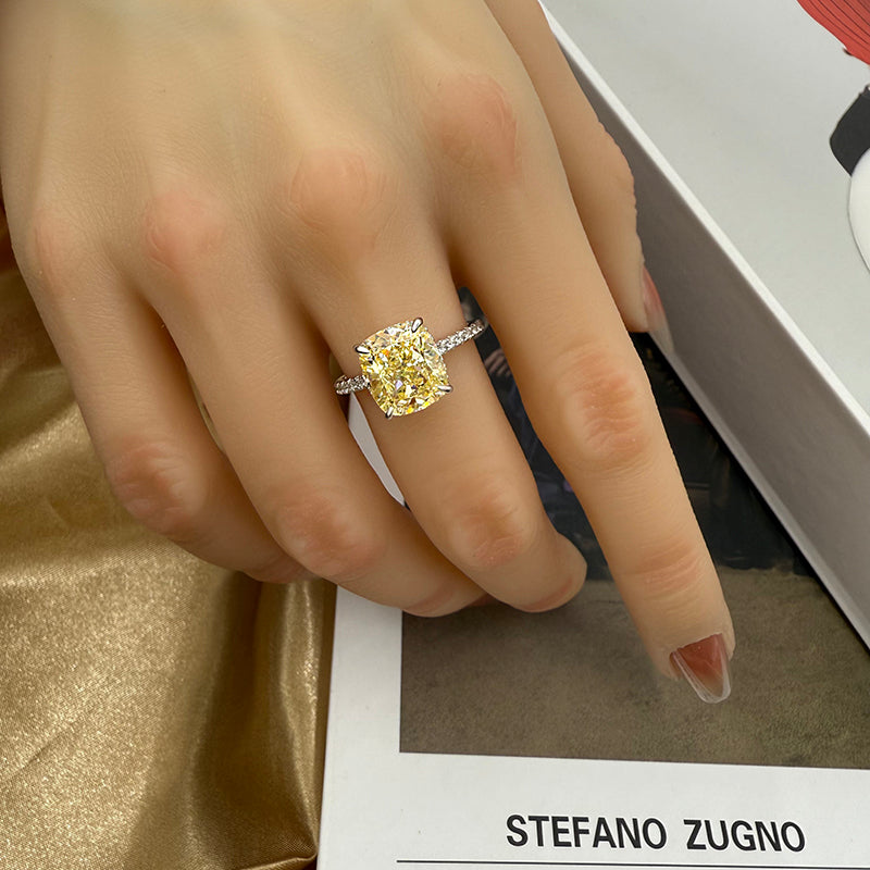 3.5Ct Cushion Cut Light Goose Yellow Sona Diamond Engagement Ring