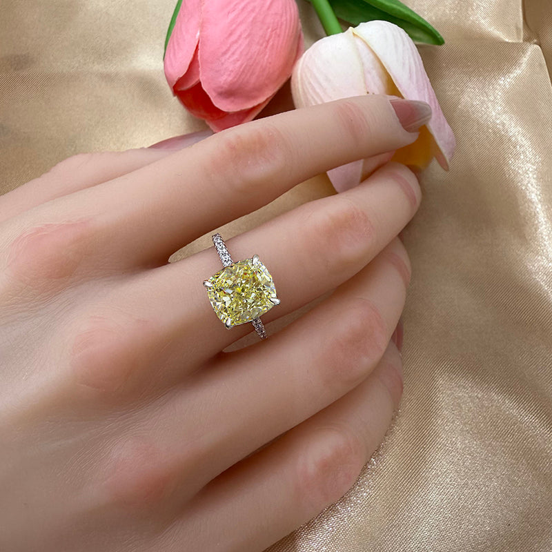 3.5Ct Cushion Cut Light Goose Yellow Sona Diamond Engagement Ring