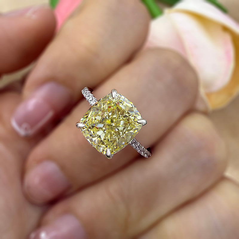 3.5Ct Cushion Cut Light Goose Yellow Sona Diamond Engagement Ring