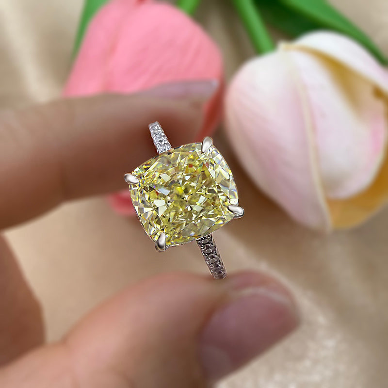 3.5Ct Cushion Cut Light Goose Yellow Sona Diamond Engagement Ring