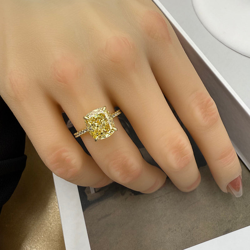 3.5Ct Cushion Cut Light Goose Yellow Sona Diamond Engagement Ring