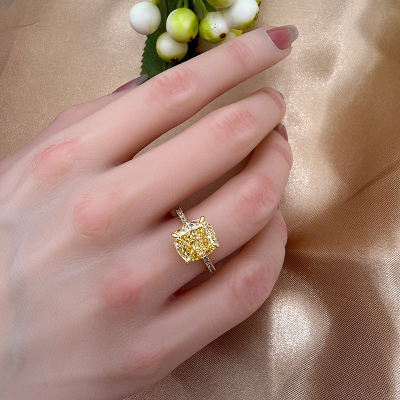 3.5Ct Cushion Cut Light Goose Yellow Sona Diamond Engagement Ring