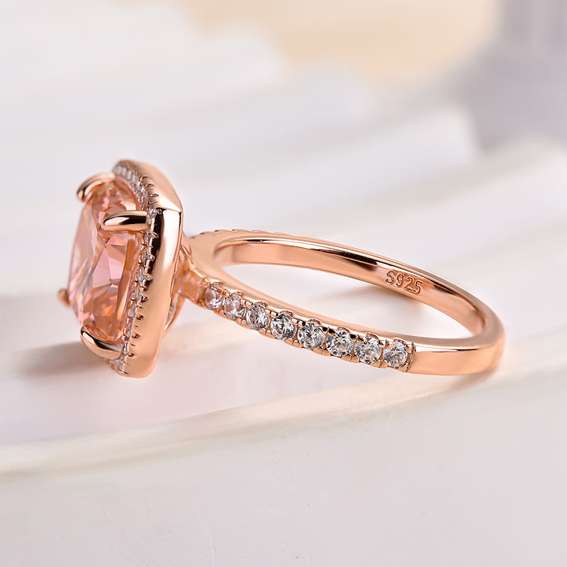 Rose Gold Peachy Pink Cushion Cut Simulated Diamond Double Halo Ring