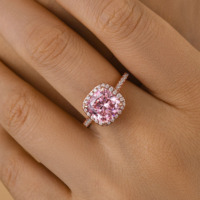 Rose Gold Peachy Pink Cushion Cut Simulated Diamond Double Halo Ring