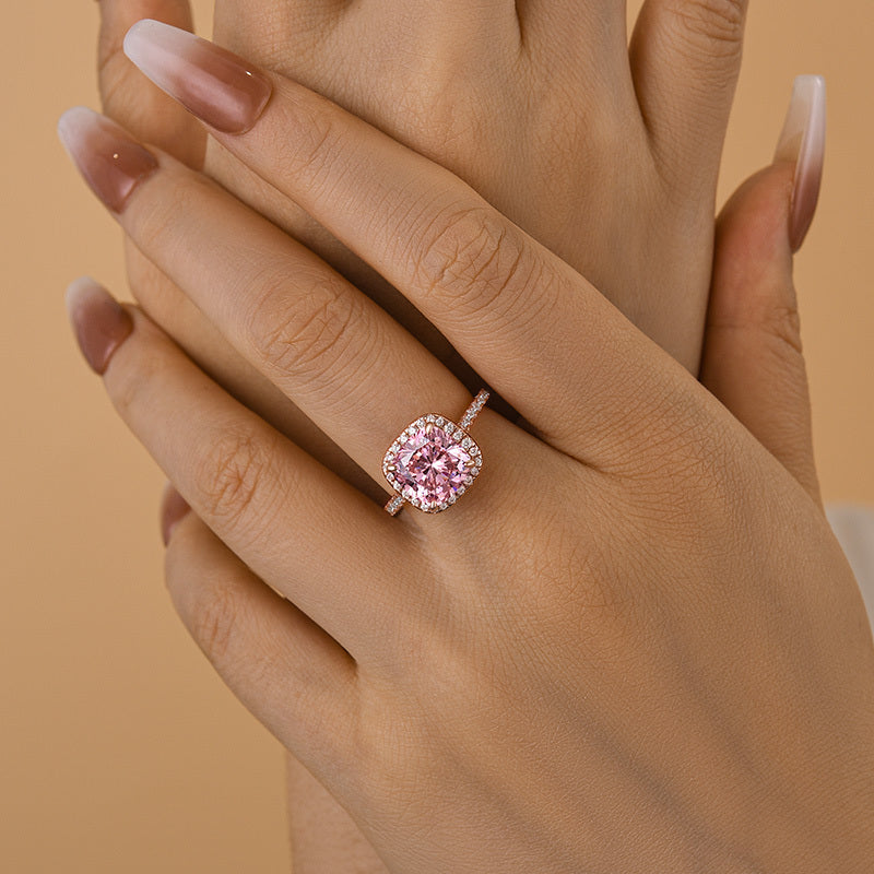 Rose Gold Peachy Pink Cushion Cut Simulated Diamond Double Halo Ring