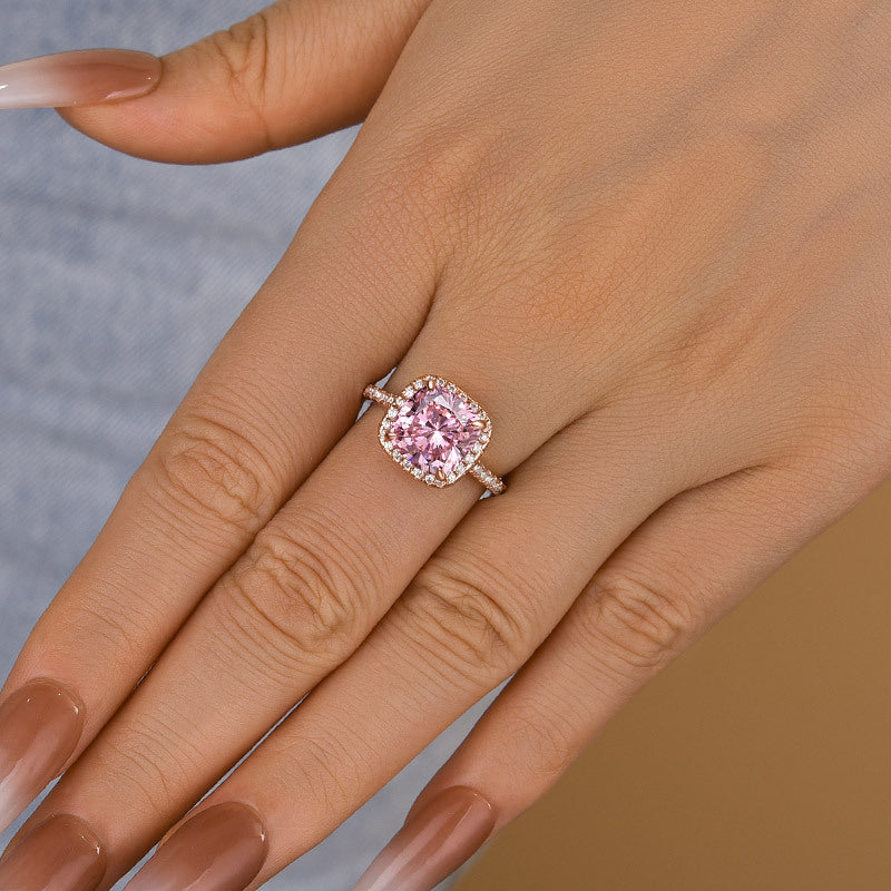Rose Gold Peachy Pink Cushion Cut Simulated Diamond Double Halo Ring