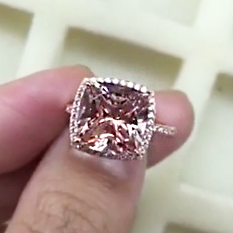 Rose Gold Peachy Pink Cushion Cut Simulated Diamond Double Halo Ring