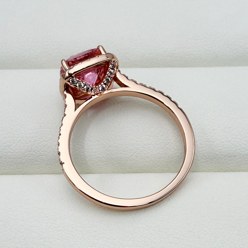 Rose Gold Peachy Pink Cushion Cut Simulated Diamond Double Halo Ring