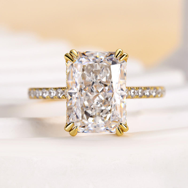 8.0ct Gold Cushion Simulated Diamond Ring, Double Prongs & Half Band