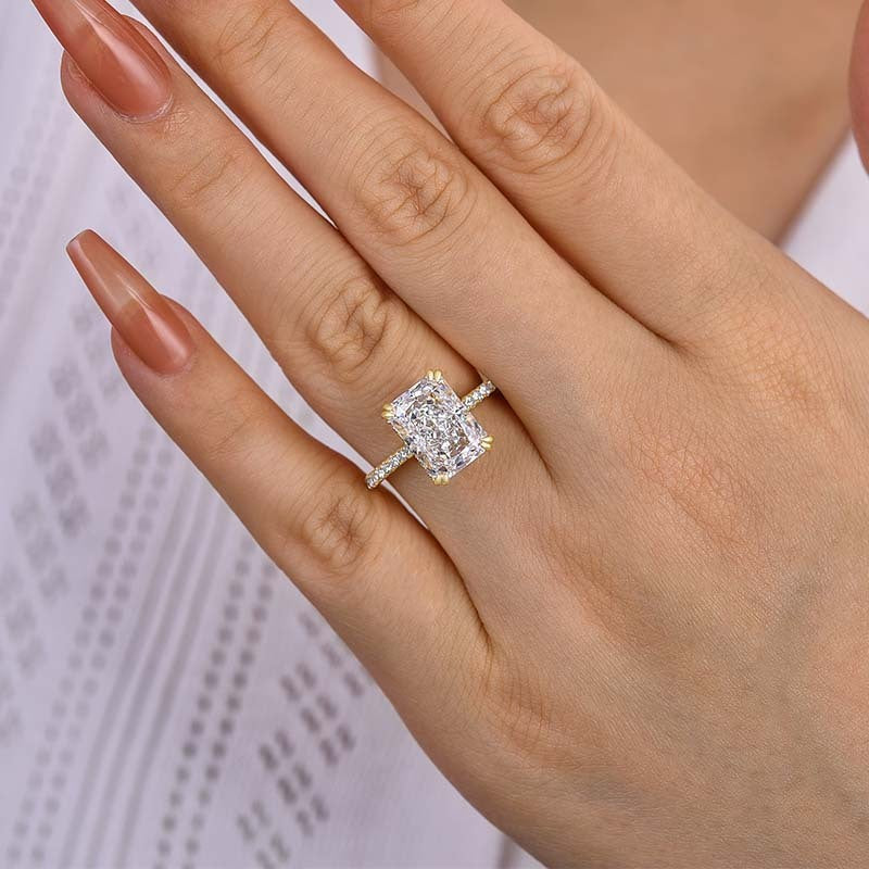 8.0ct Gold Cushion Simulated Diamond Ring, Double Prongs & Half Band