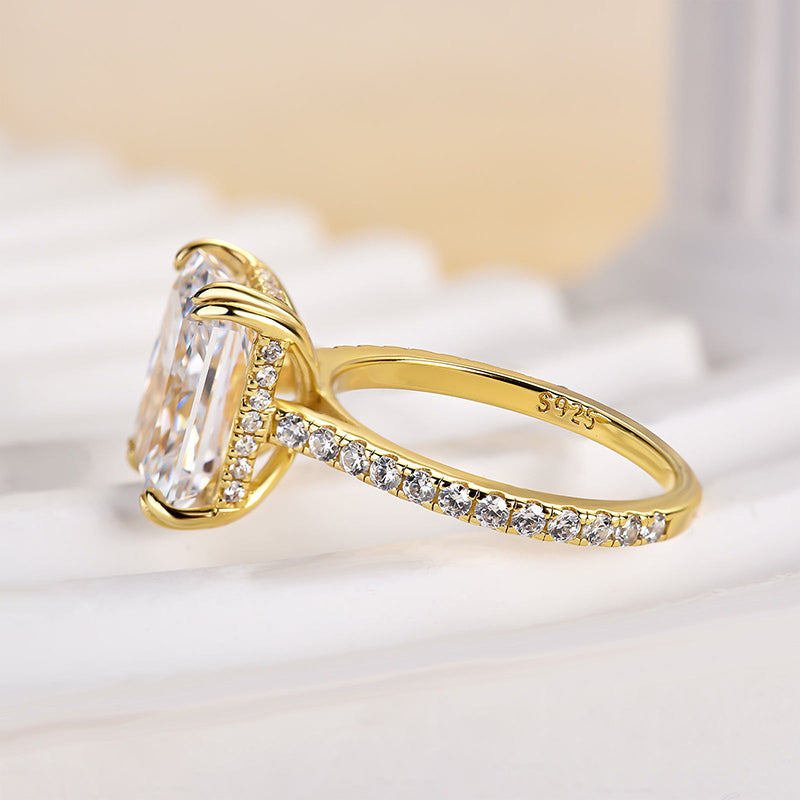 8.0ct Gold Cushion Simulated Diamond Ring, Double Prongs & Half Band