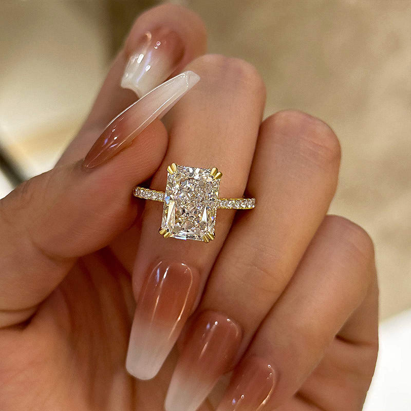8.0ct Gold Cushion Simulated Diamond Ring, Double Prongs & Half Band
