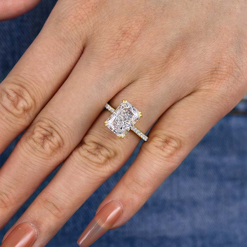 8.0ct Gold Cushion Simulated Diamond Ring, Double Prongs & Half Band