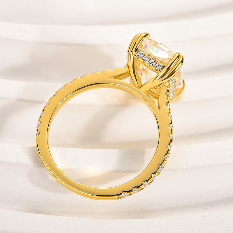 8.0ct Gold Cushion Simulated Diamond Ring, Double Prongs & Half Band