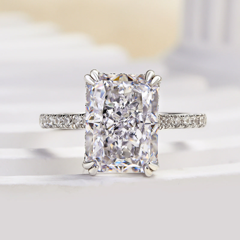 8.0ct Gold Cushion Simulated Diamond Ring, Double Prongs & Half Band