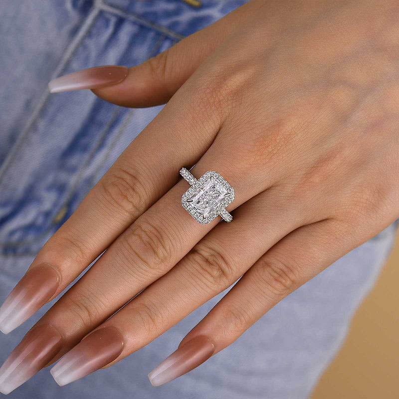 Elegant Radiant Cut Simulated Diamond Ring in White Gold Plated Silver