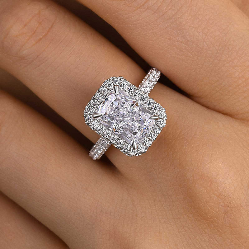 Elegant Radiant Cut Simulated Diamond Ring in White Gold Plated Silver