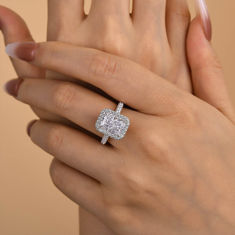 Elegant Radiant Cut Simulated Diamond Ring in White Gold Plated Silver