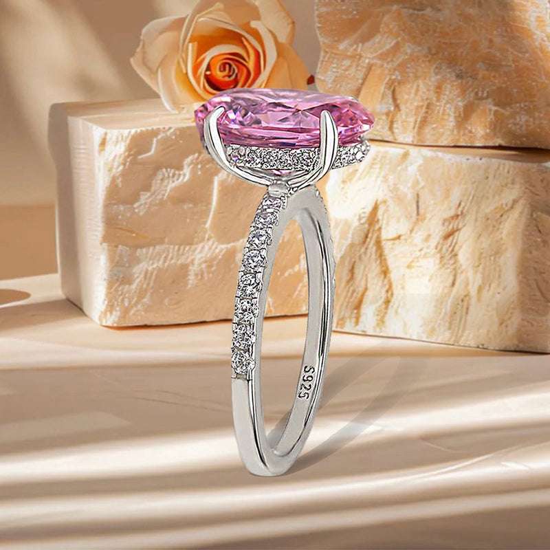925 Sterling Silver Engagement Ring with 3.5 Carat Classic Oval Cut Pink Stone