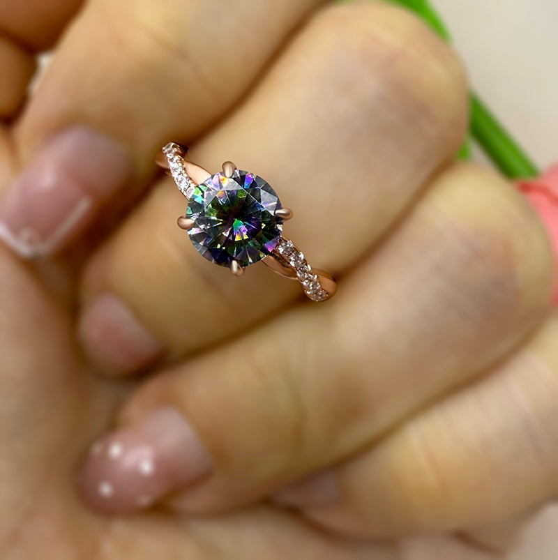 Rose Gold Alexandrite Pear Cut Twist Engagement Ring with Simulated Diamond