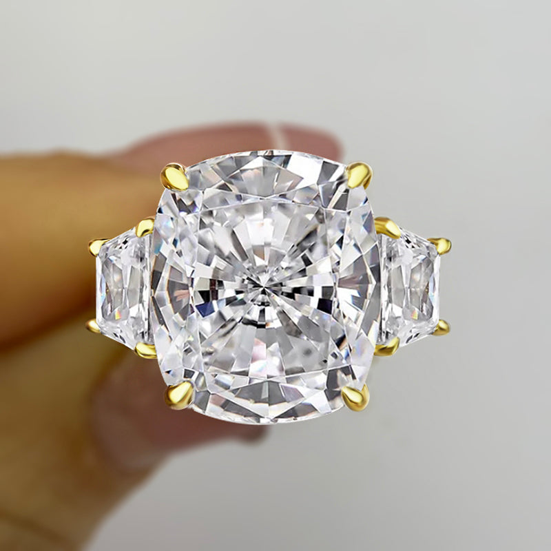 7.0Ct Cushion Sona Diamond Gold-Plated Three Stone Engagement Ring