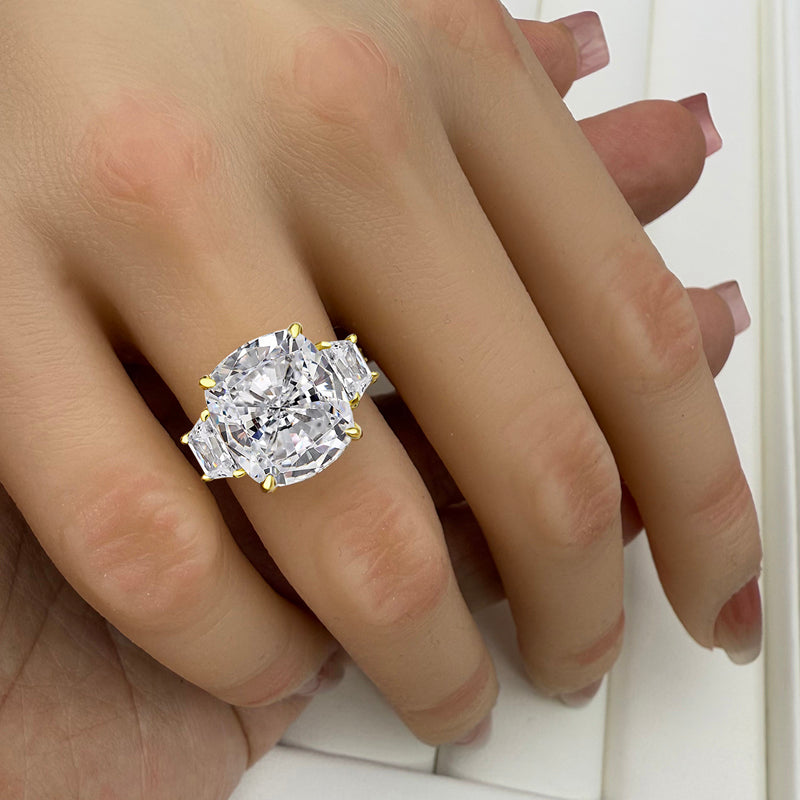 7.0Ct Cushion Sona Diamond Gold-Plated Three Stone Engagement Ring