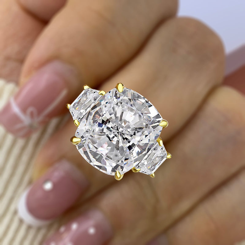 7.0Ct Cushion Sona Diamond Gold-Plated Three Stone Engagement Ring