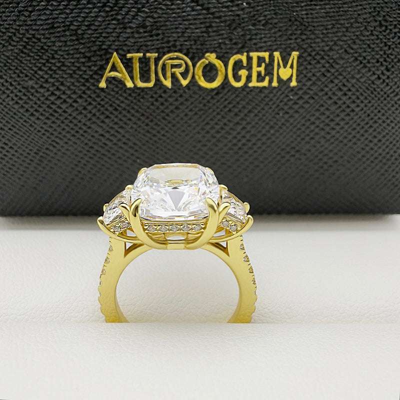 Noble Yellow Gold Cushion Cut Three Stone Engagement Ring