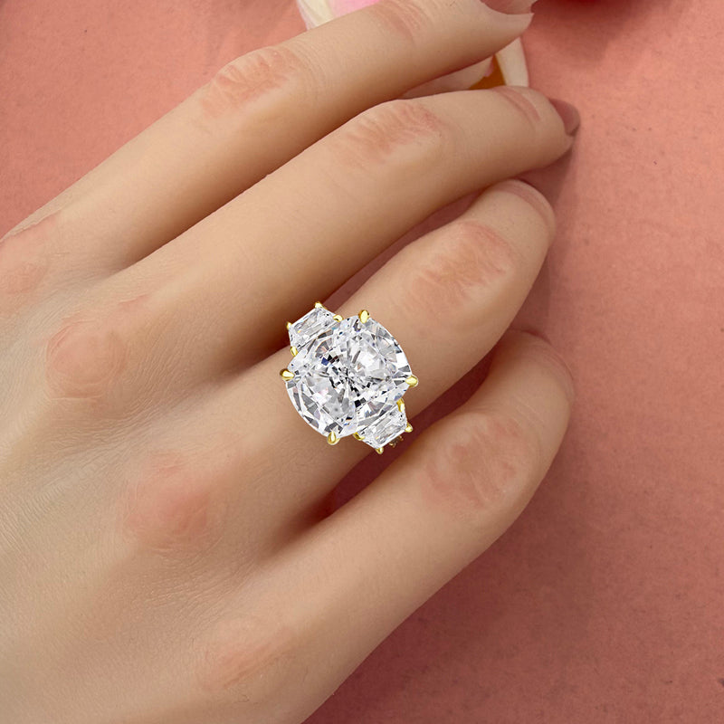 7.0Ct Cushion Sona Diamond Gold-Plated Three Stone Engagement Ring
