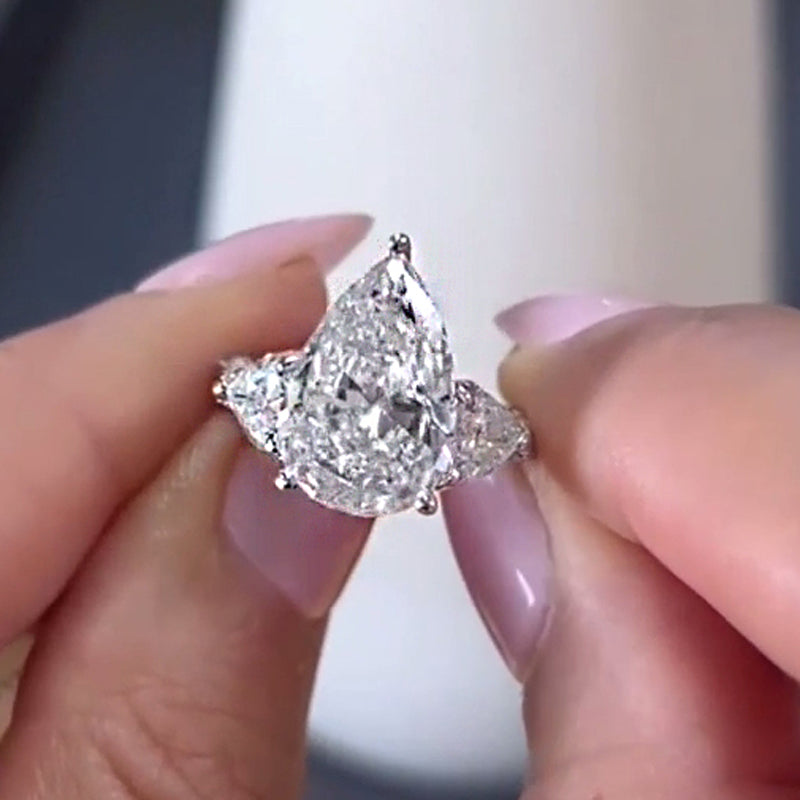 8.0Ct Pear Sona Diamond White Gold-Plated Three Stone Engagement Ring