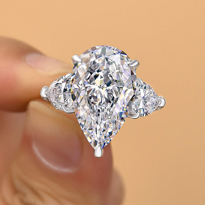 8.0Ct Pear Sona Diamond White Gold-Plated Three Stone Engagement Ring