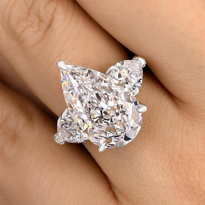 8.0Ct Pear Sona Diamond White Gold-Plated Three Stone Engagement Ring