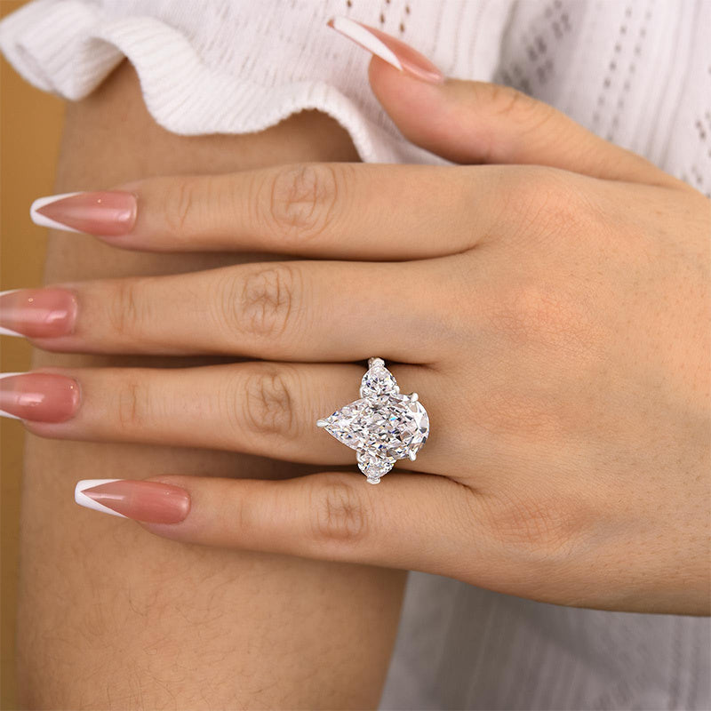 8.0Ct Pear Sona Diamond White Gold-Plated Three Stone Engagement Ring