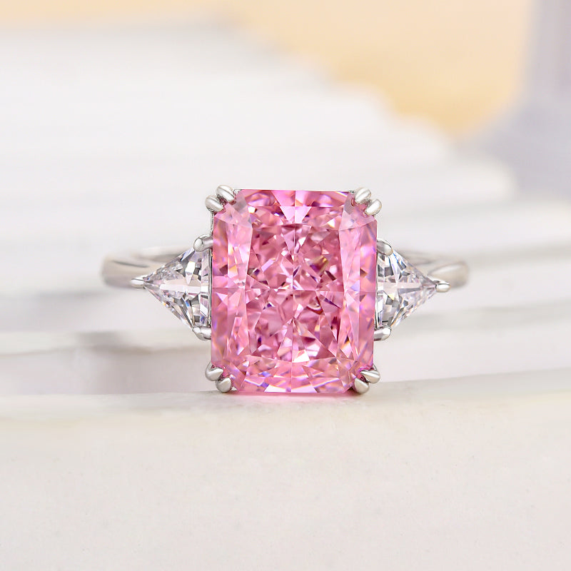 4.0Ct Radiant Pink Sona Diamond White Gold-Plated Three Stone Ring
