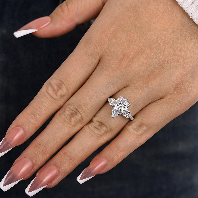 3.5Ct Pear Sona Diamond White Gold-Plated Three Stone Sterling Silver Ring