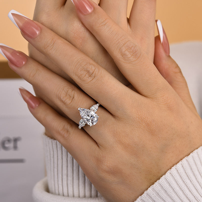 3.5Ct Pear Sona Diamond White Gold-Plated Three Stone Sterling Silver Ring